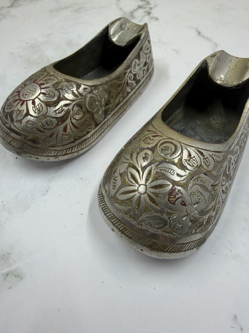 Pair Of Silver Plated Brass Slipper Ashtrays, Engraved Indian Baby Shoes Trinket